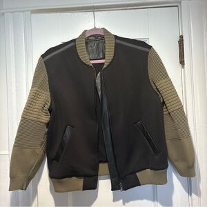 Ohne Titel Black nylon/cotton & leather and Olive knitted Bomber Jacket. Size 4